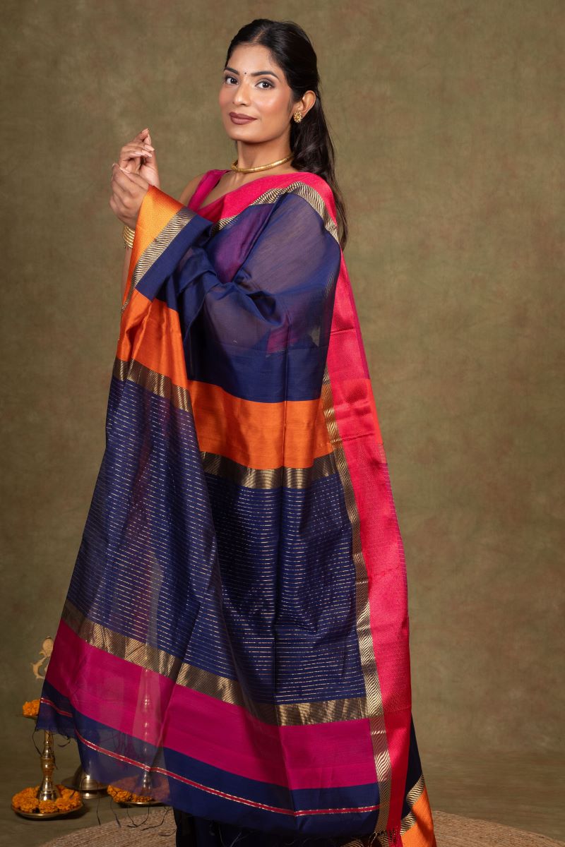 Blue Resham Border Maheshwari Cotton Silk Saree