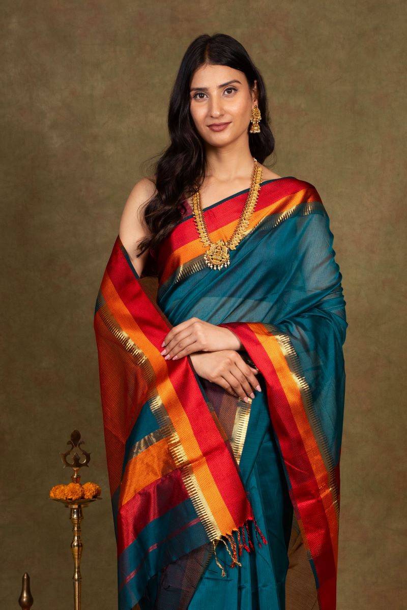 Teal Maheshwari Silk Saree