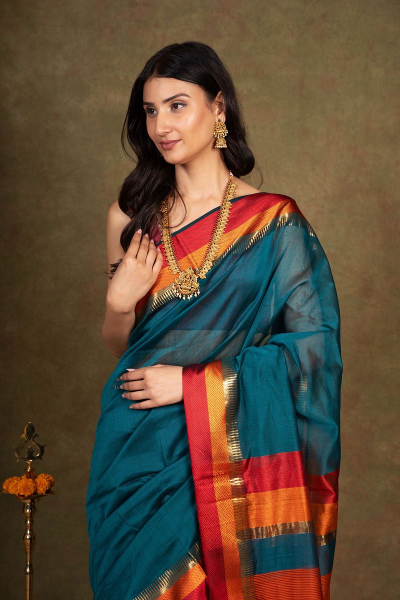 Teal Maheshwari Cotton Silk Saree