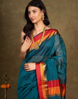 Teal Maheshwari Cotton Silk Saree