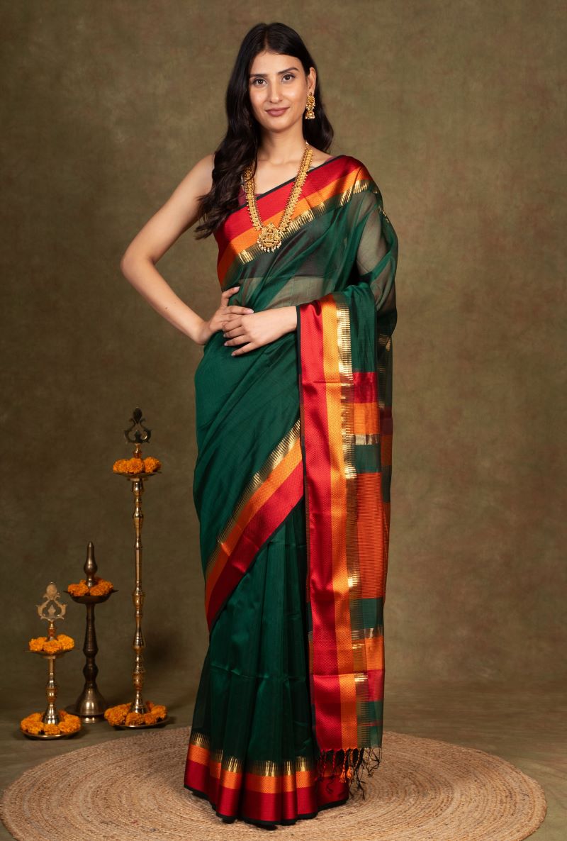 Green Resham Border Maheshwari Cotton Silk Saree