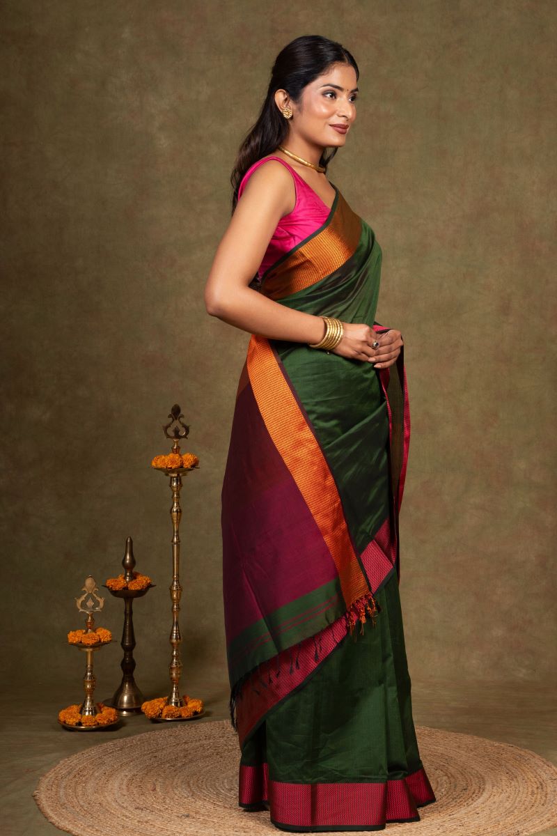 Rustic Grove Resham Border Maheshwari Silk Saree