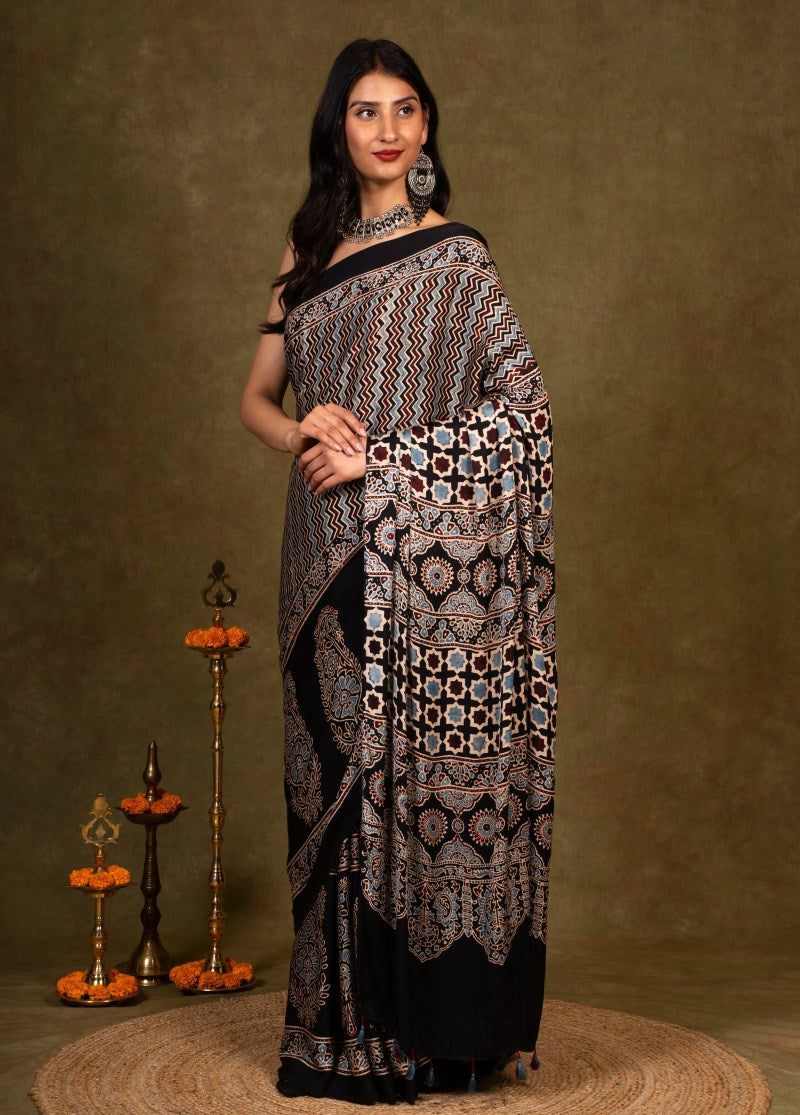 Black Ajrakh Modal Silk Saree