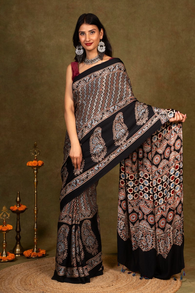 Black Ajrakh Modal Silk Saree