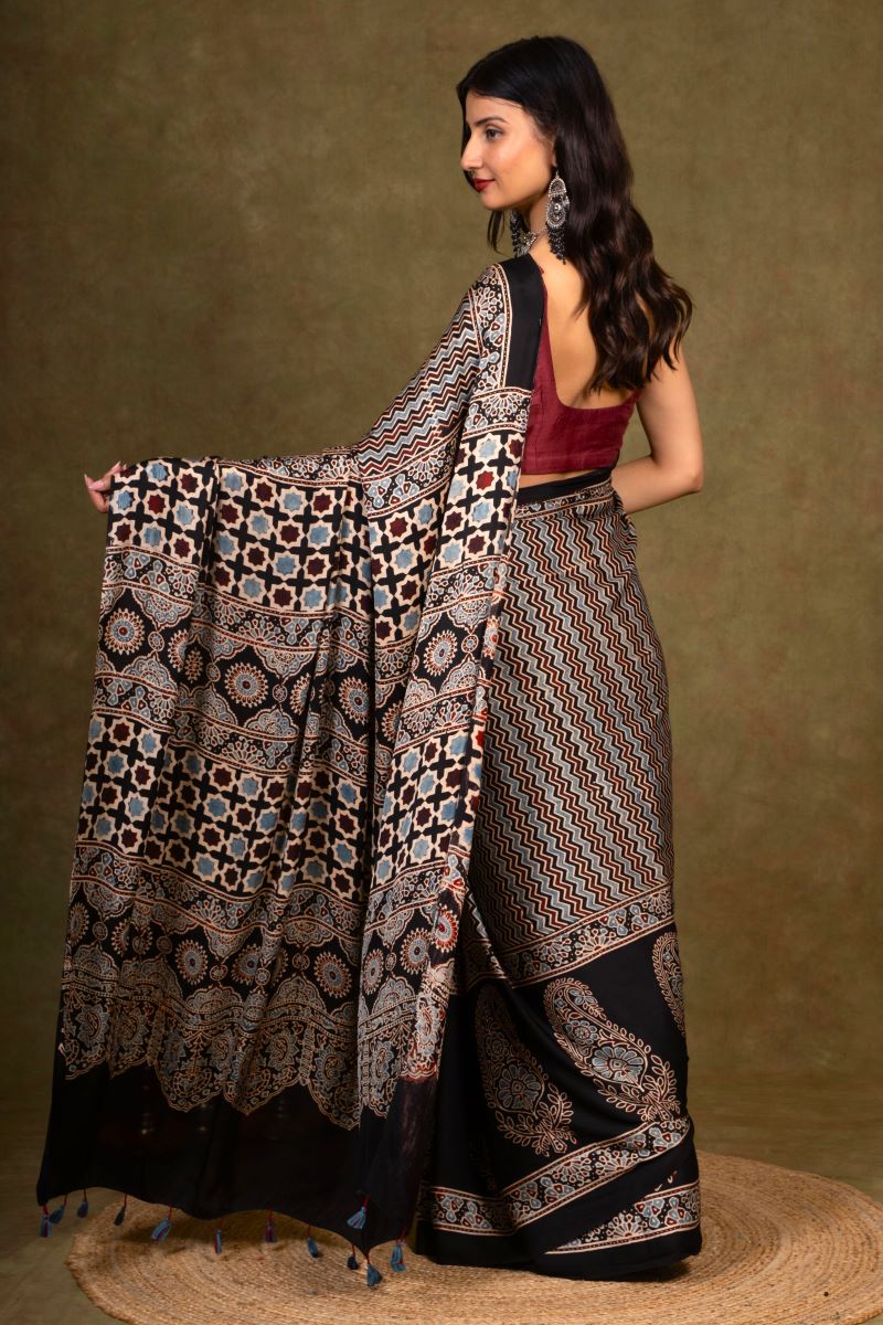 Black Ajrakh Modal Silk Saree