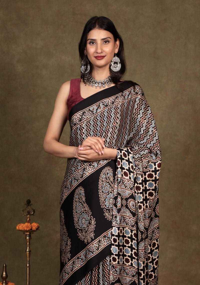 Black Chevron By Paisley Ajrakh Modal Silk Saree