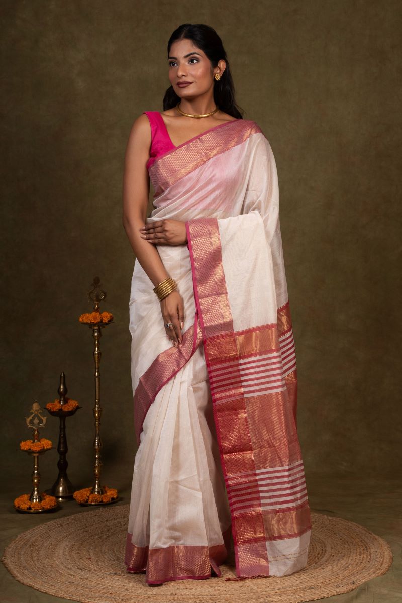 White Magenta Maheshwari Tissue Silk Saree