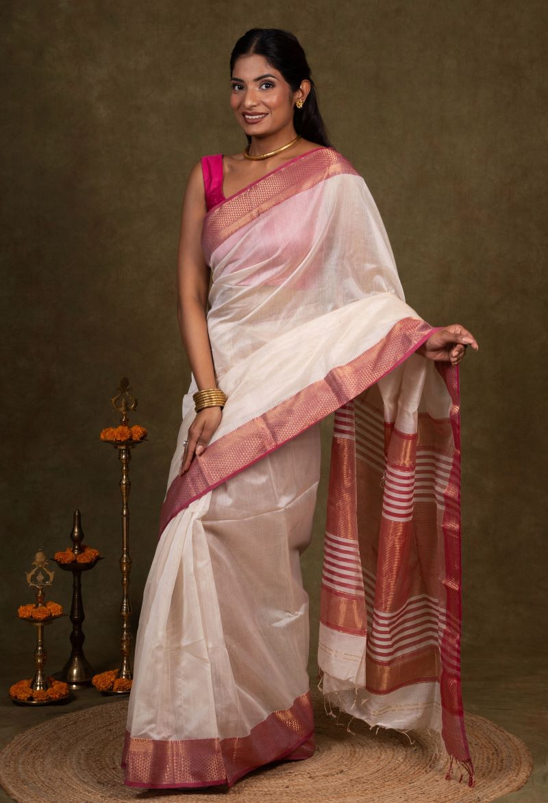 White Maheshwari Tissue Silk Saree