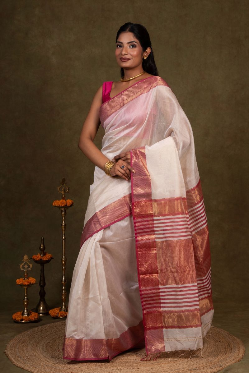 White Magenta Tissue Silk Maheshwari Saree