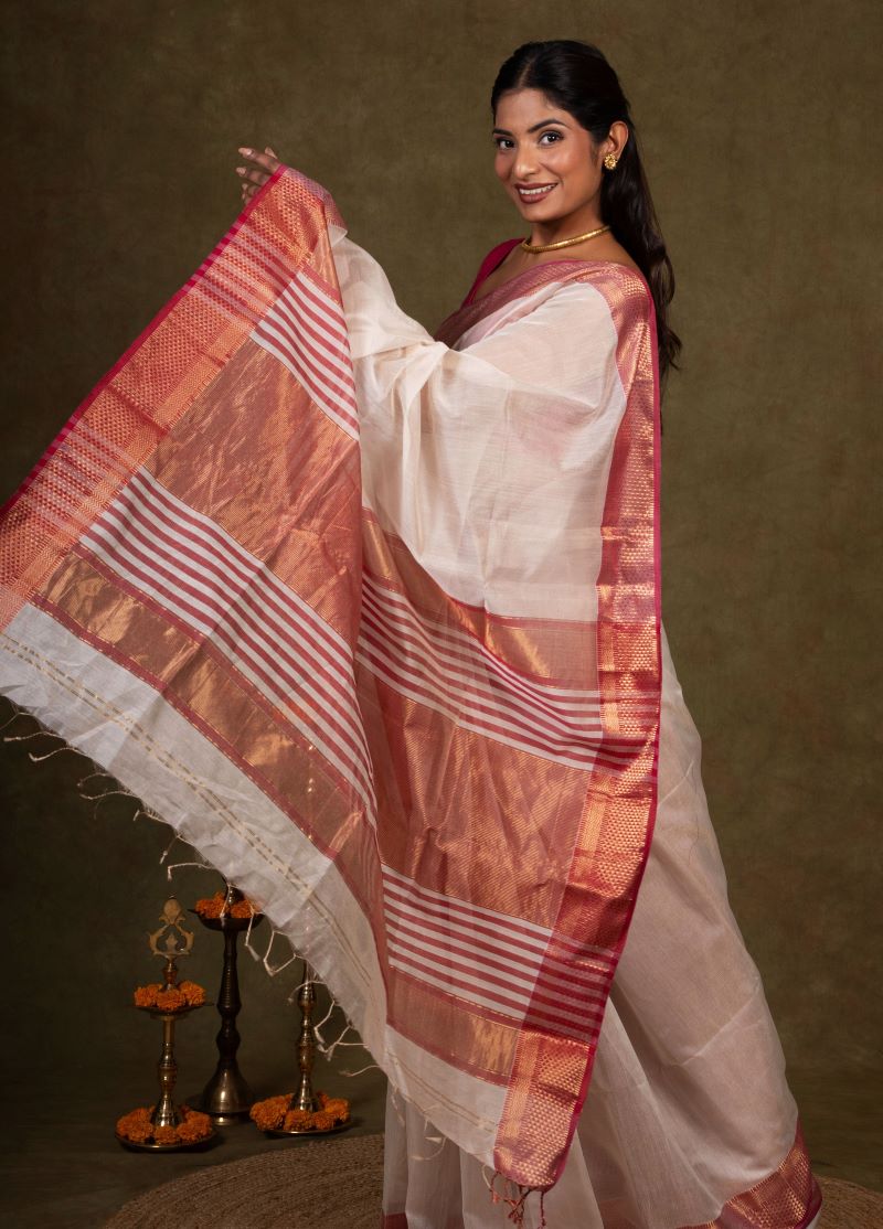 White Tissue Silk Maheshwari Saree