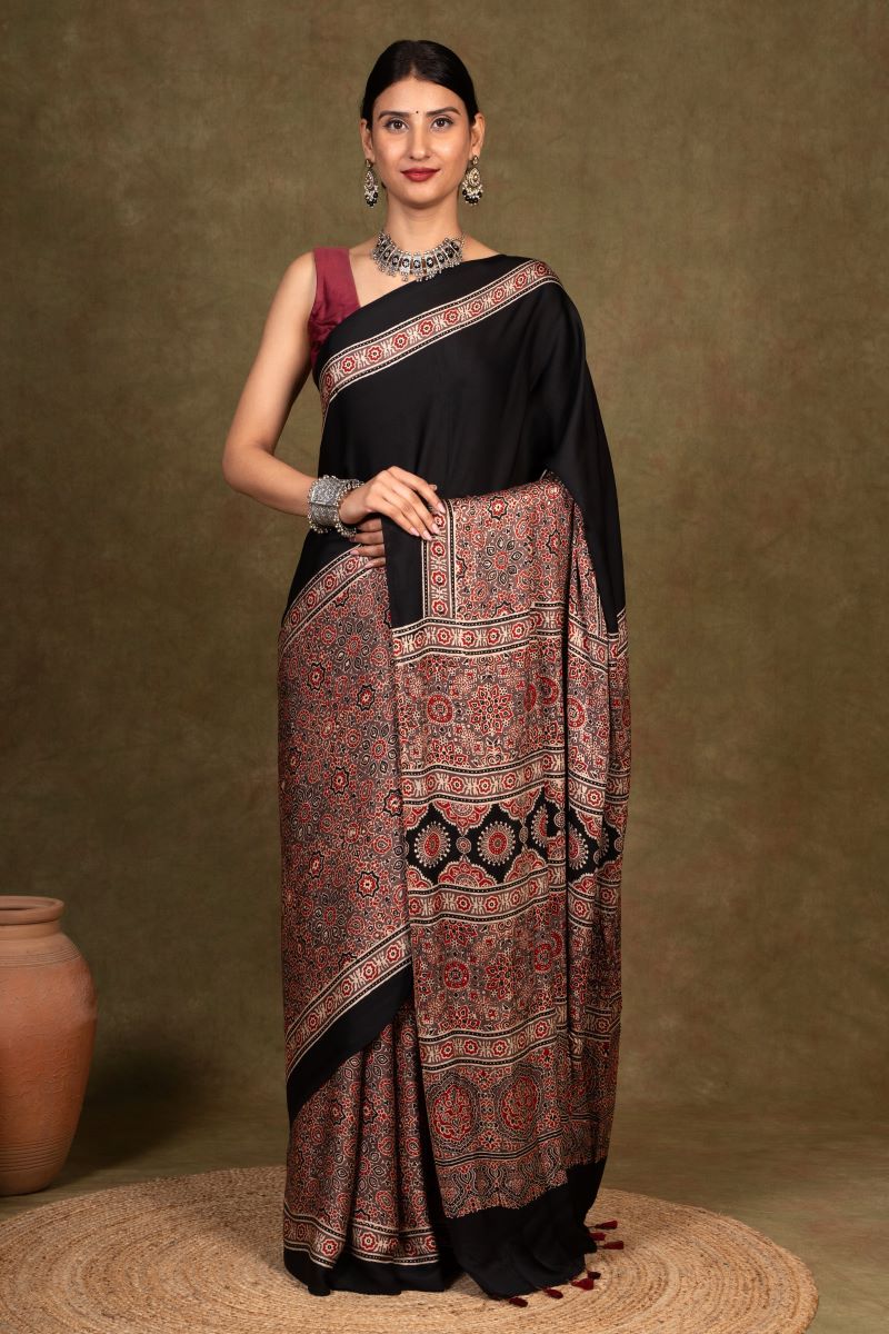 Black Ajrakh Modal Silk Saree