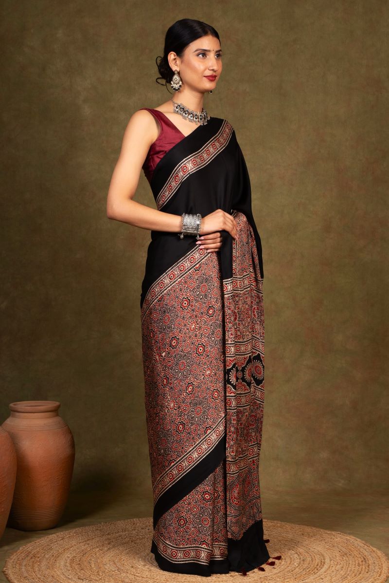 Brown Ajrakh Modal Silk Saree