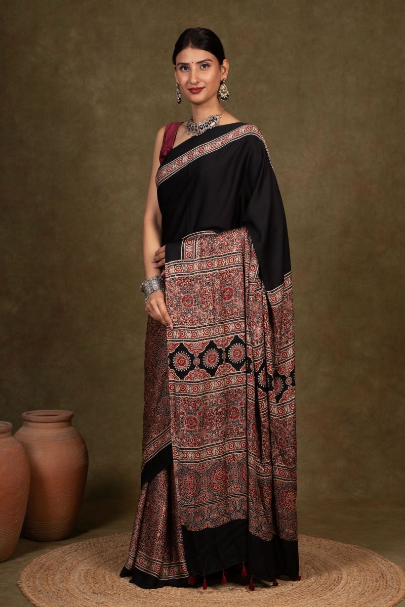 Black Ajrakh Modal Silk Saree