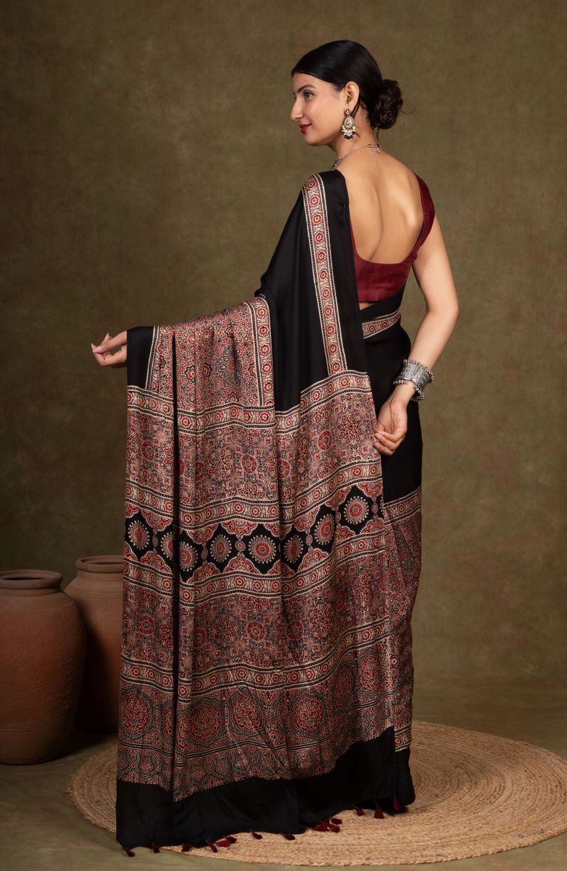 Black Ajrakh Modal Silk Saree