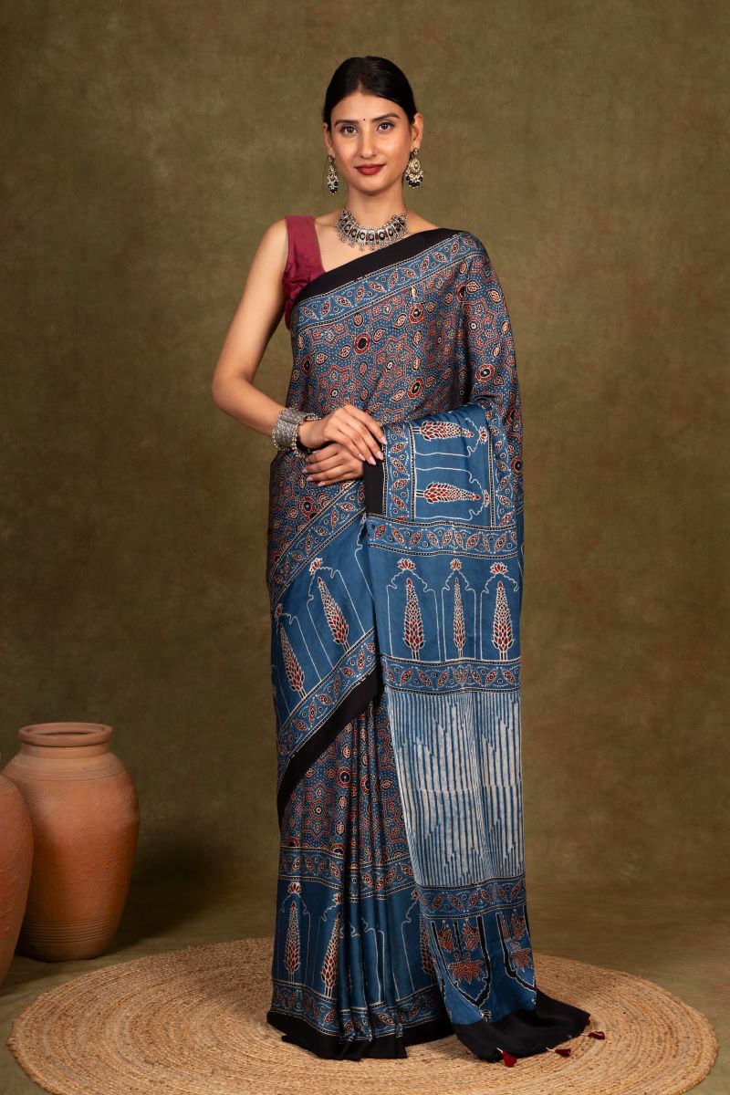 Indigo Ajrakh Modal Silk Saree