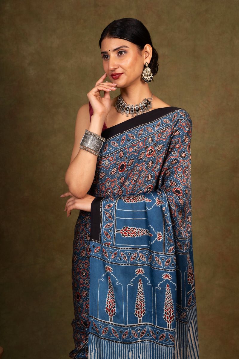 Blue Ajrakh Modal Silk Saree