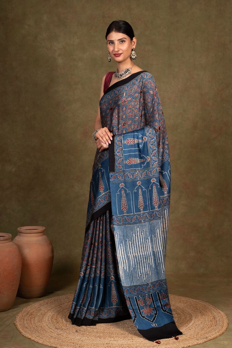 Indigo Ajrakh Modal Silk Saree