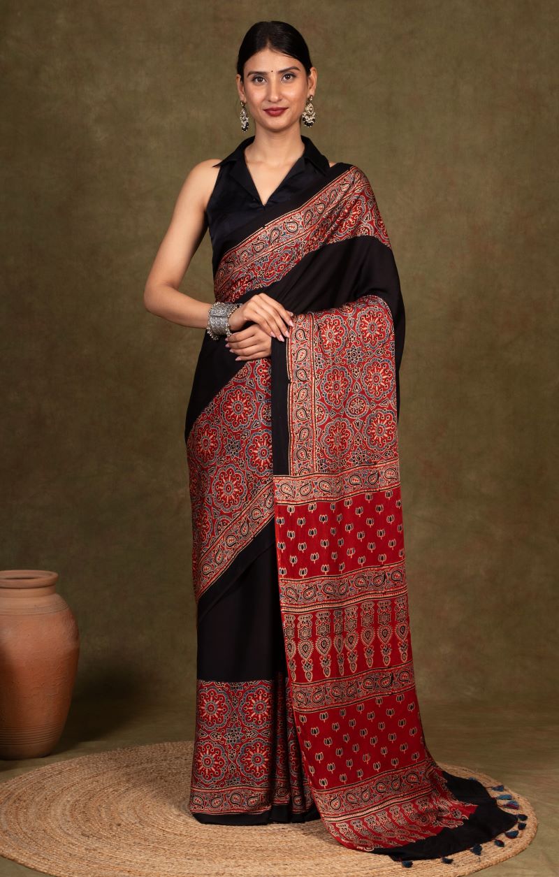 Red Modal Silk Ajrakh Saree