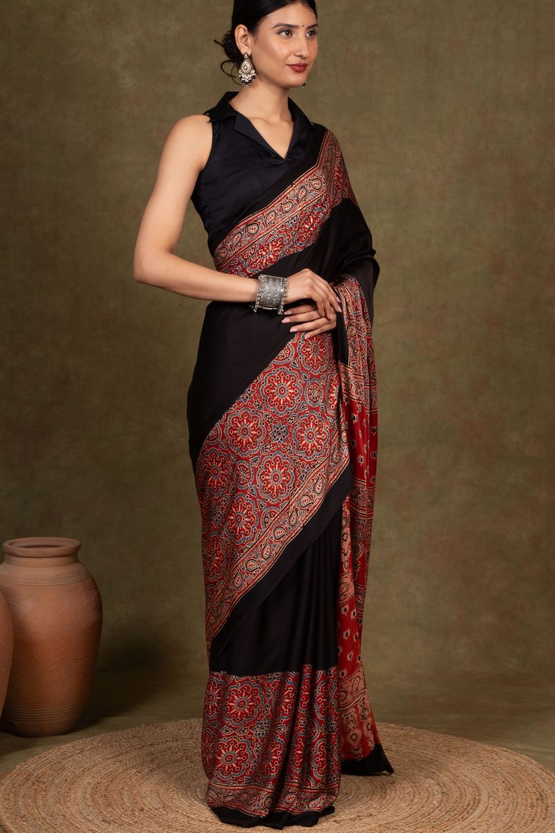 Black Modal Silk Ajrakh Saree