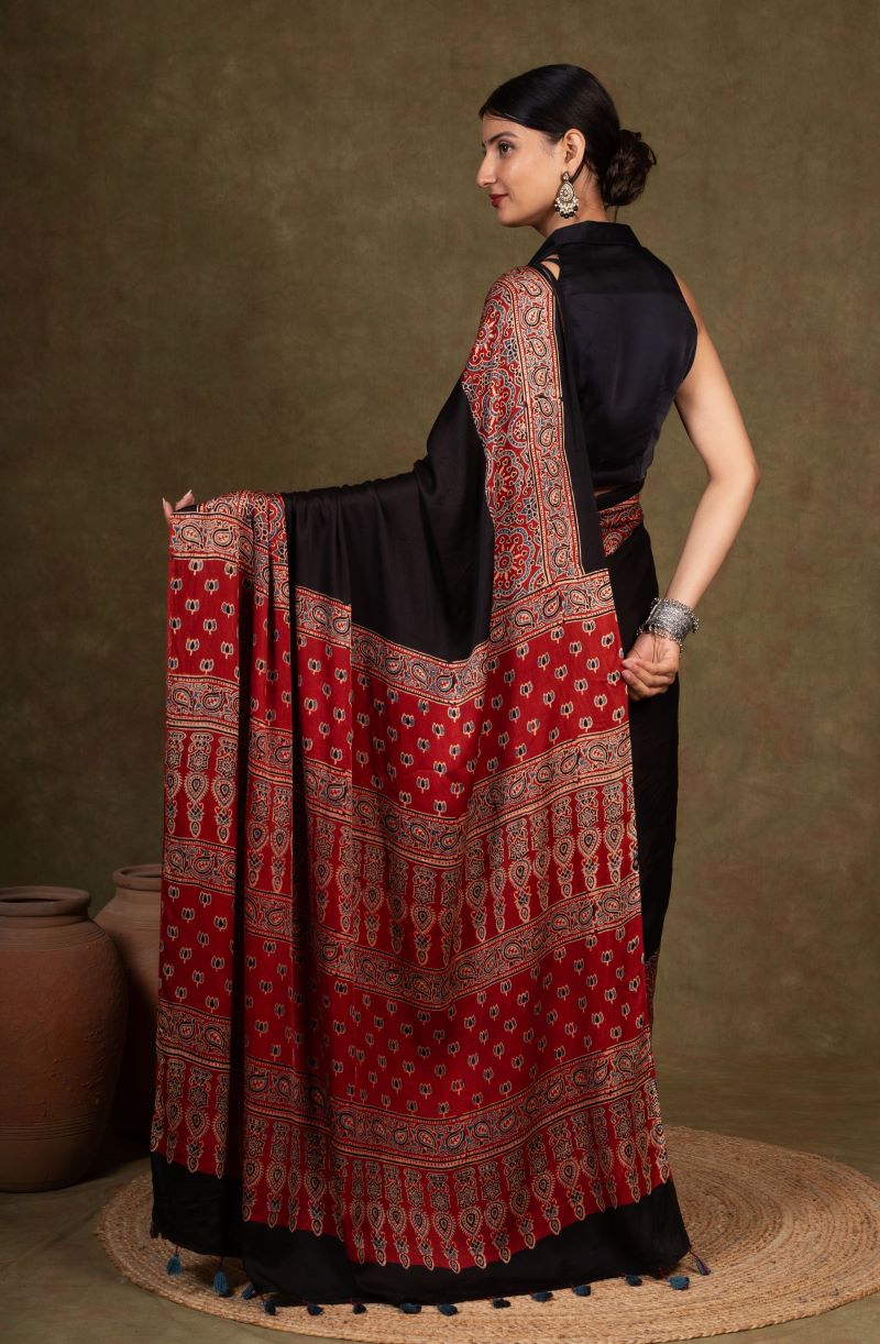 Black Ajrakh Modal Silk Saree