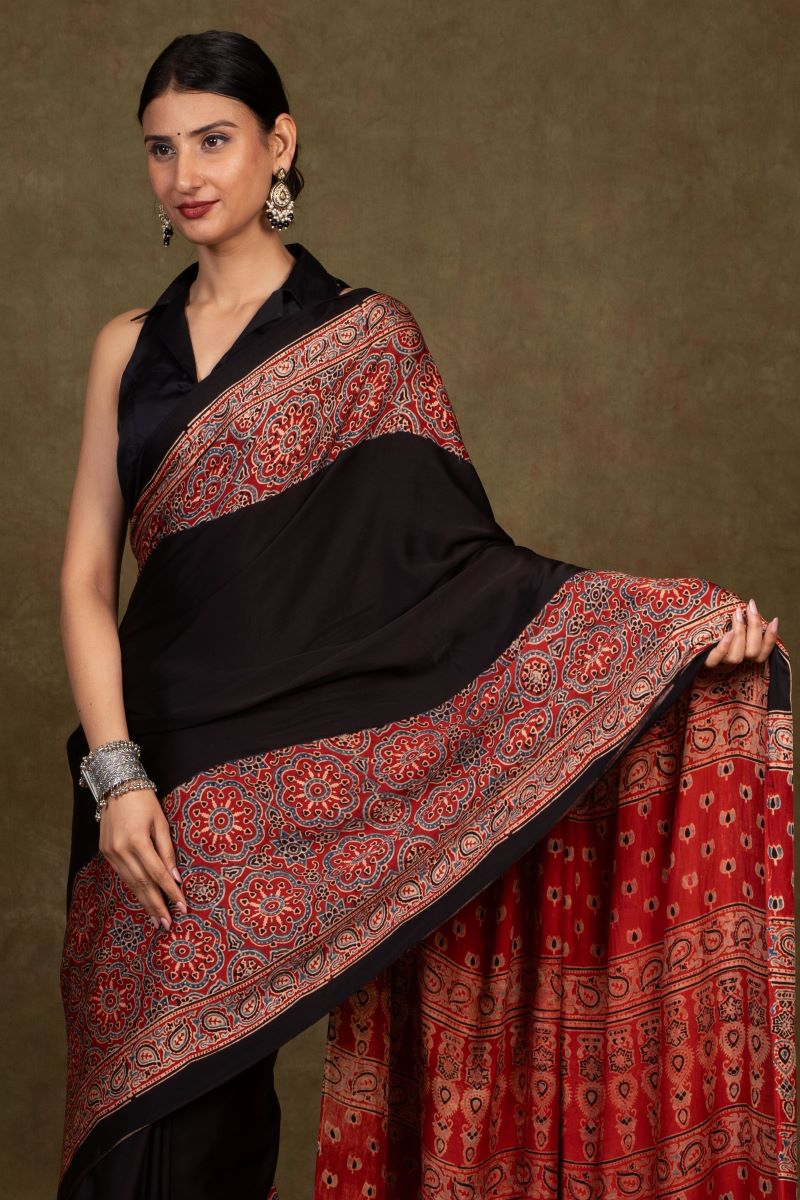 Black Ajrakh Silk Saree