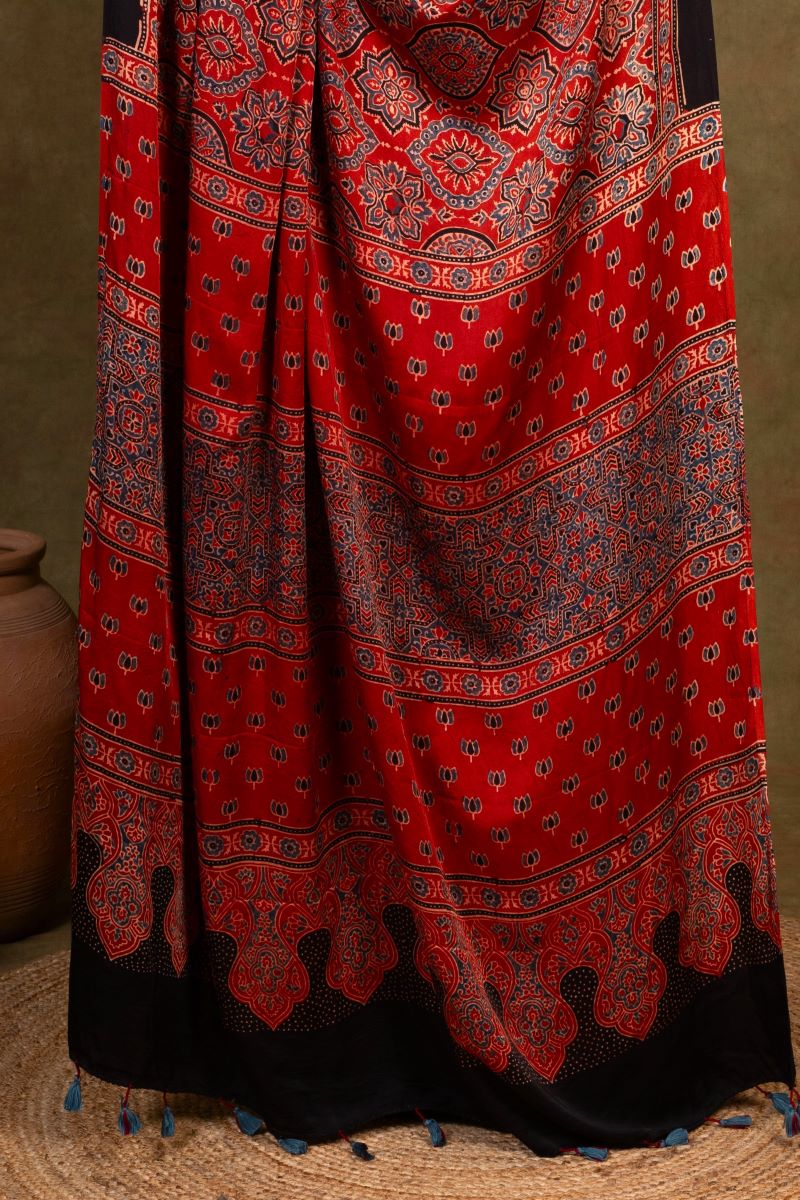 Red String Minkundi Ajrakh Modal Silk Saree