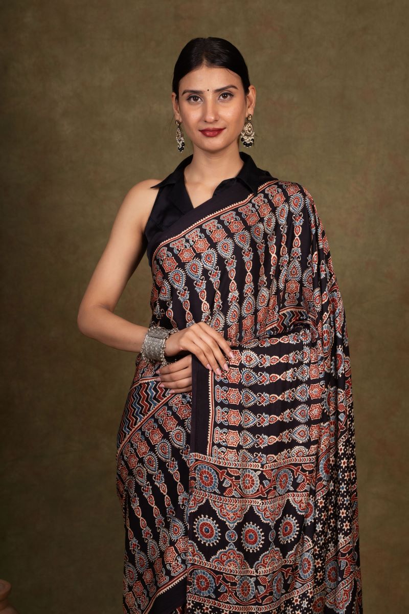 Black Modal Silk Ajrakh Saree