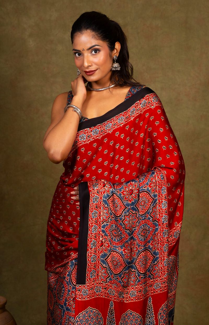 Red Modal Silk Ajrakh Saree