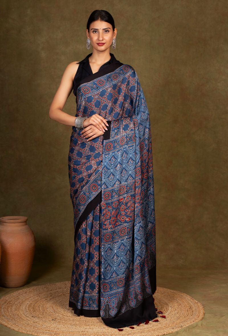 Indigo Modal Silk Ajrakh Saree