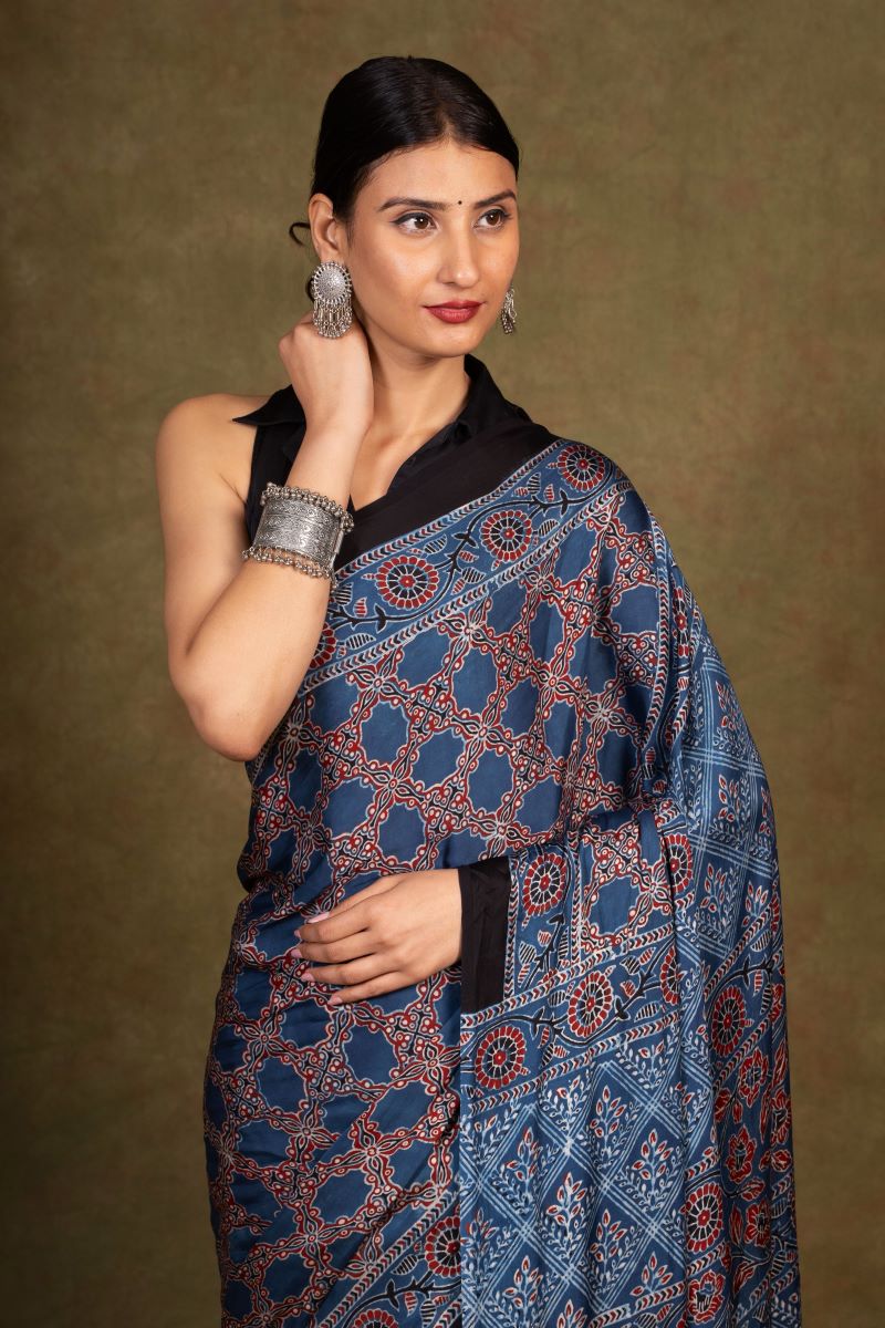 Blue Modal Silk Ajrakh Saree