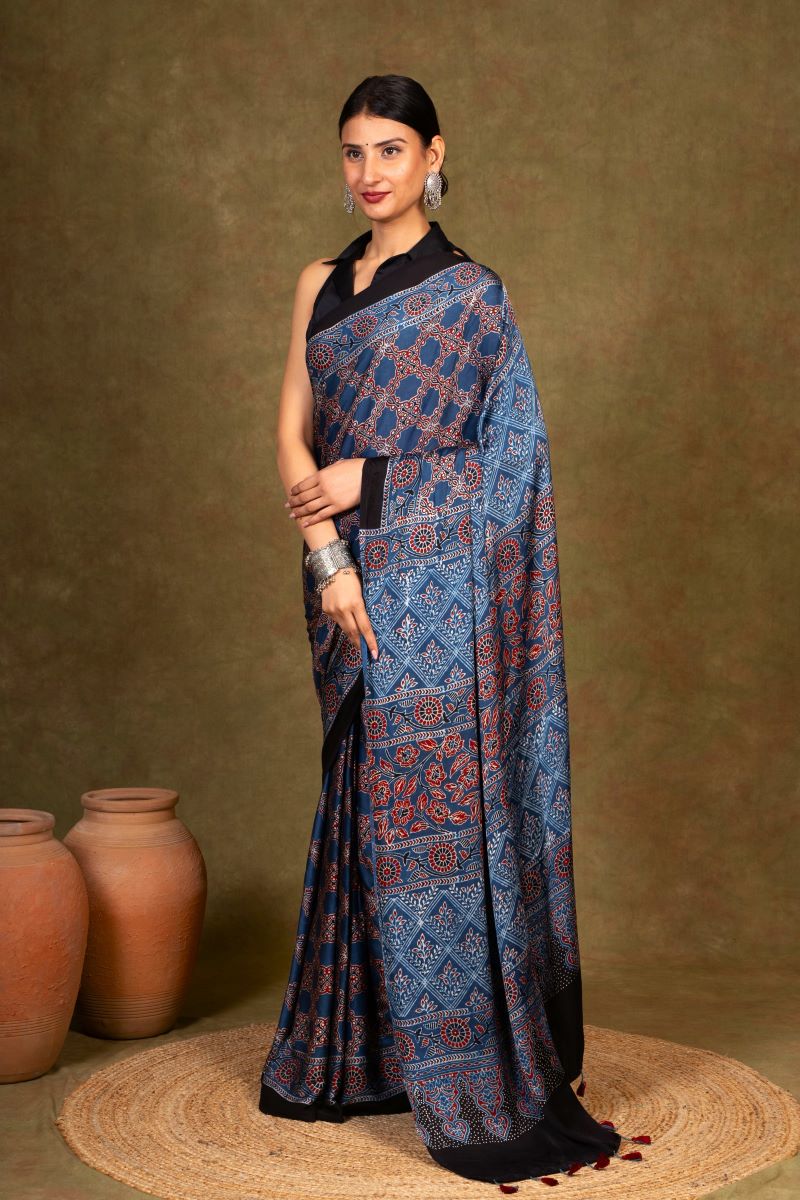 Blue Ajrakh Modal Silk Saree