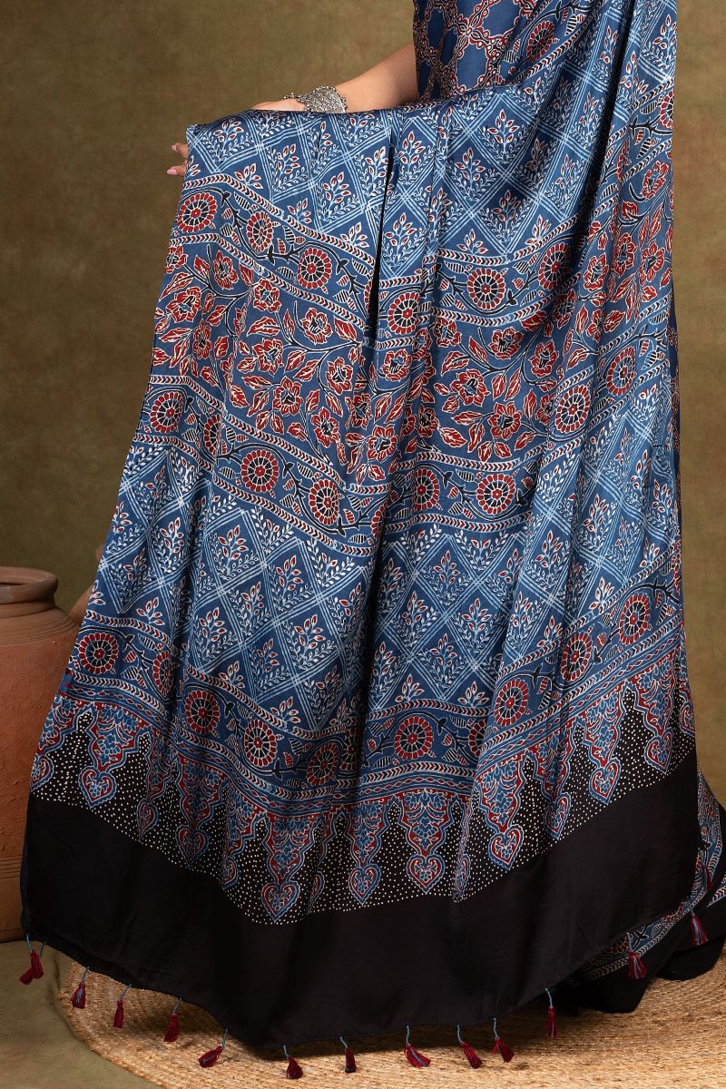 Blue Ajrakh Silk Saree