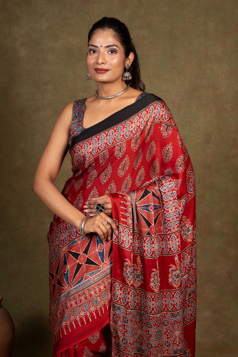 Red Ajrakh Modal Silk Saree