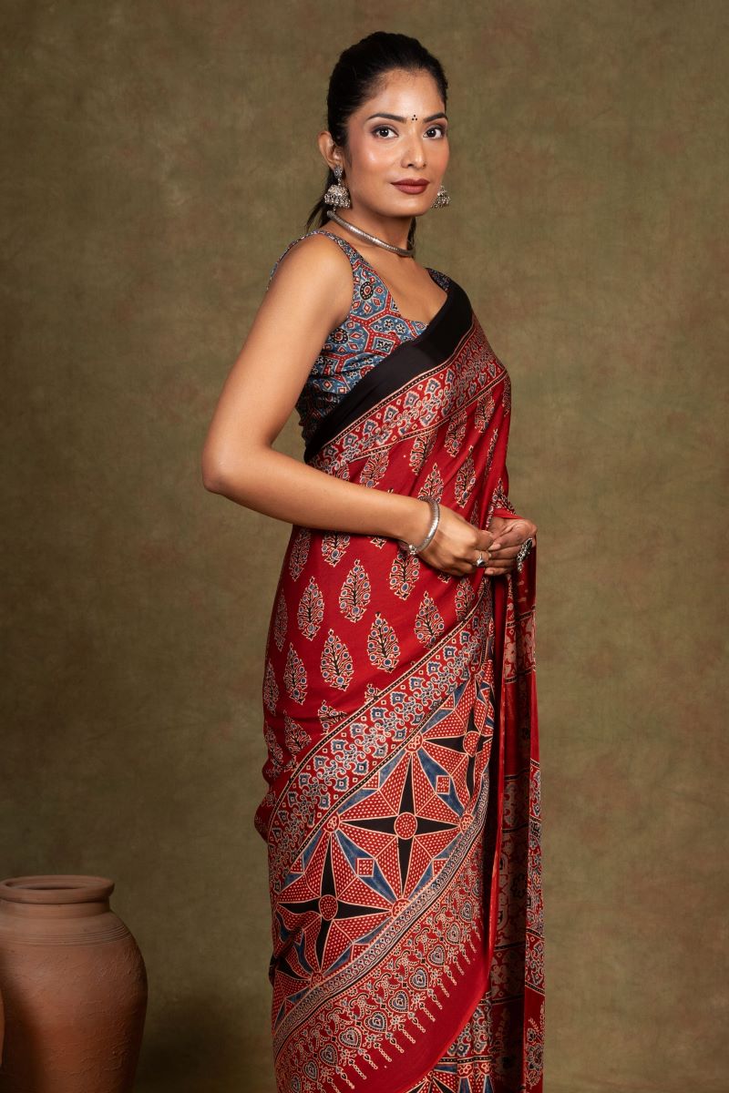 Ajrakh Silk Saree