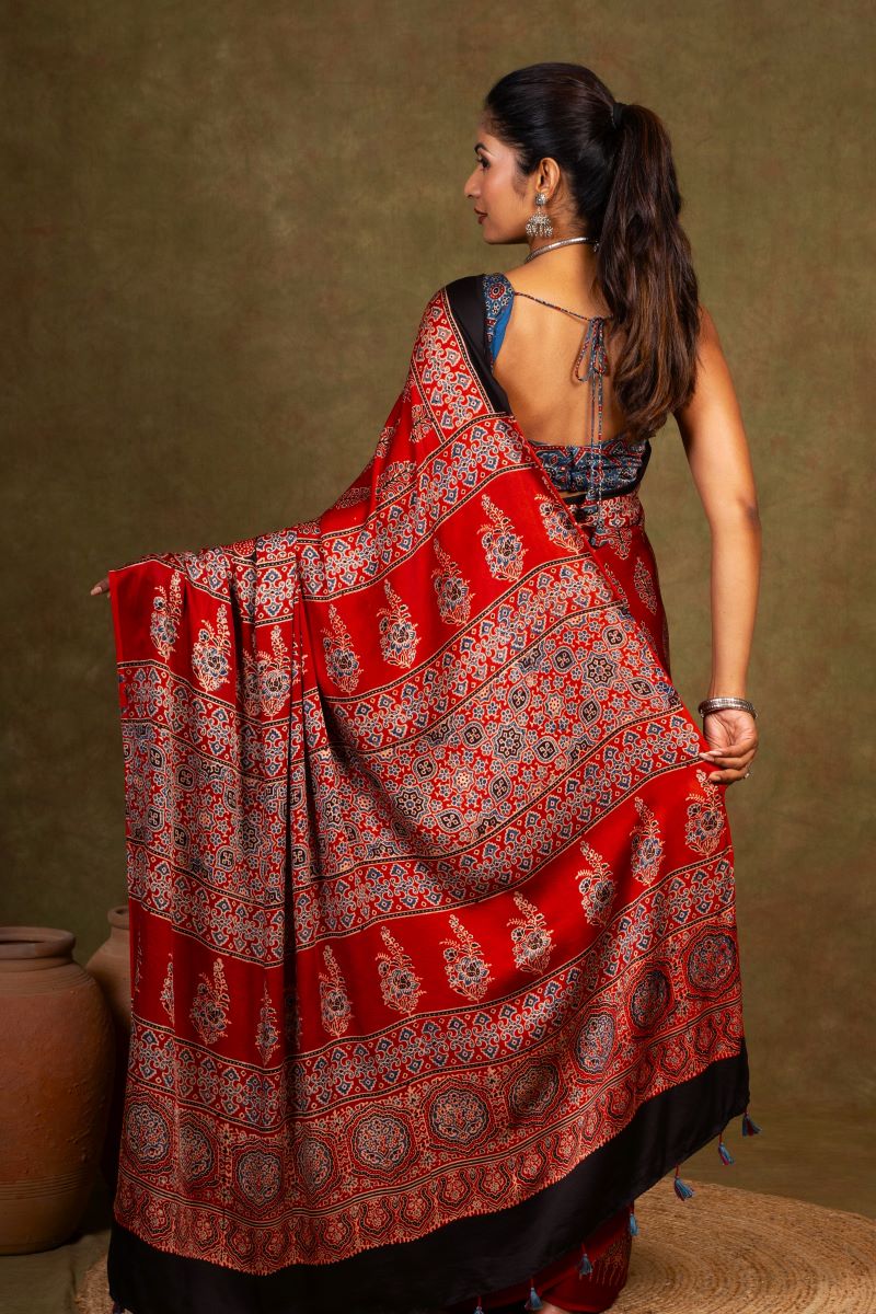 Red Ajrakh Silk Saree