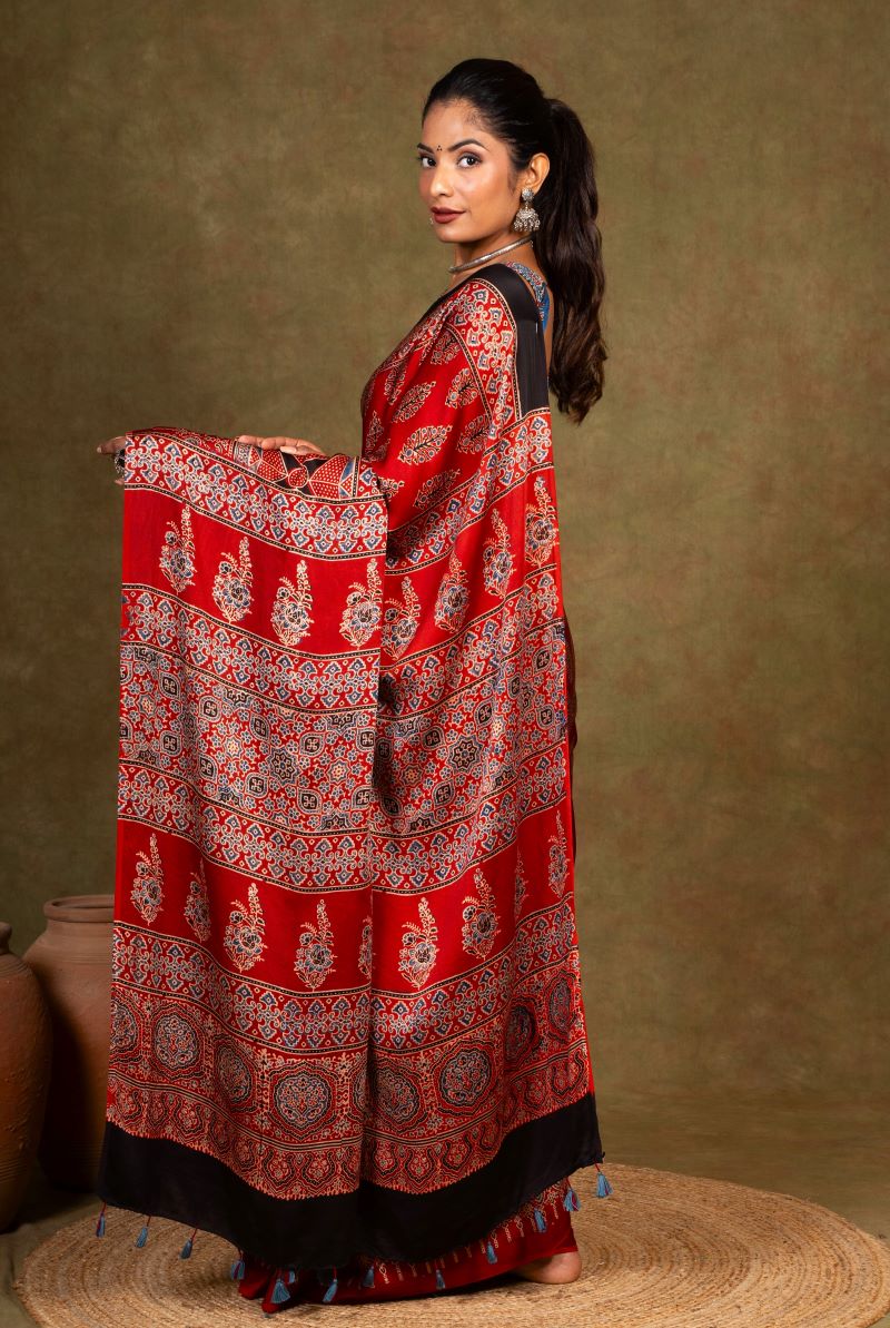 Red Ajrakh Silk Saree