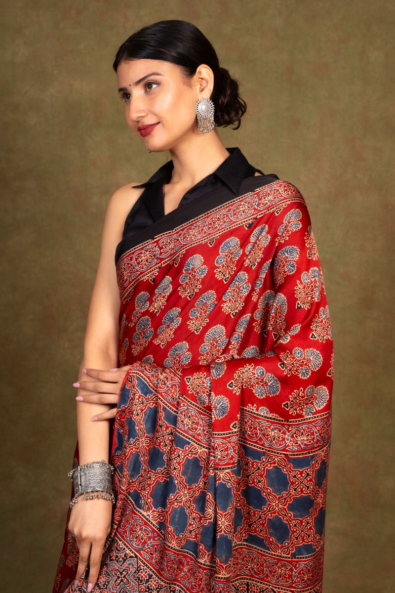 Red Ajrakh Modal Silk Saree