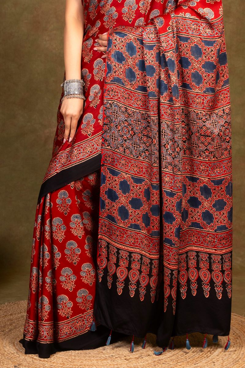 Red Flora Minkundi Ajrakh Modal Silk Saree