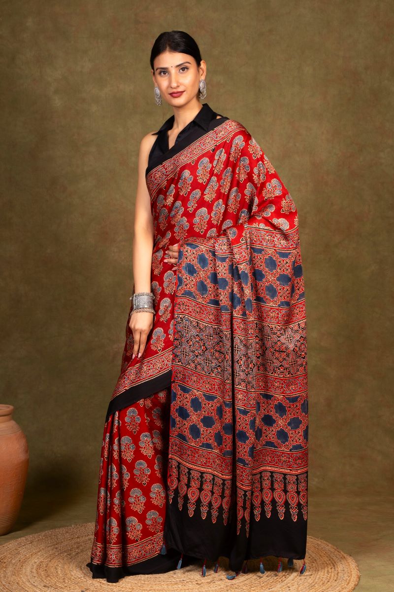 Red Modal Silk Ajrakh Saree