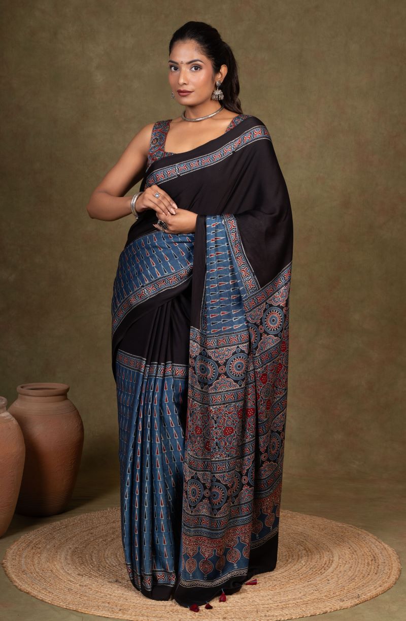 Black Blue Modal Silk Ajrakh Saree