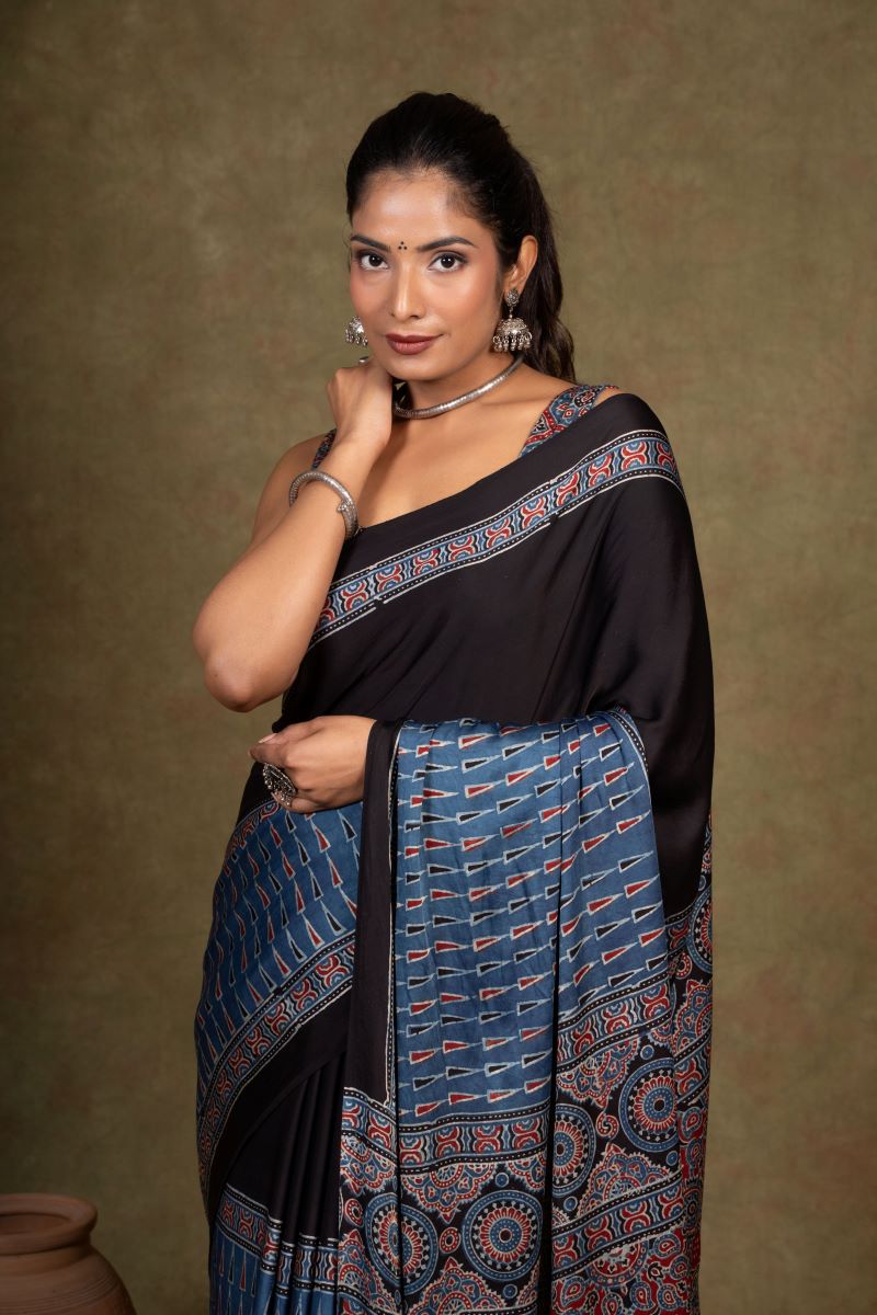 Black Blue Modal Silk Ajrakh Saree