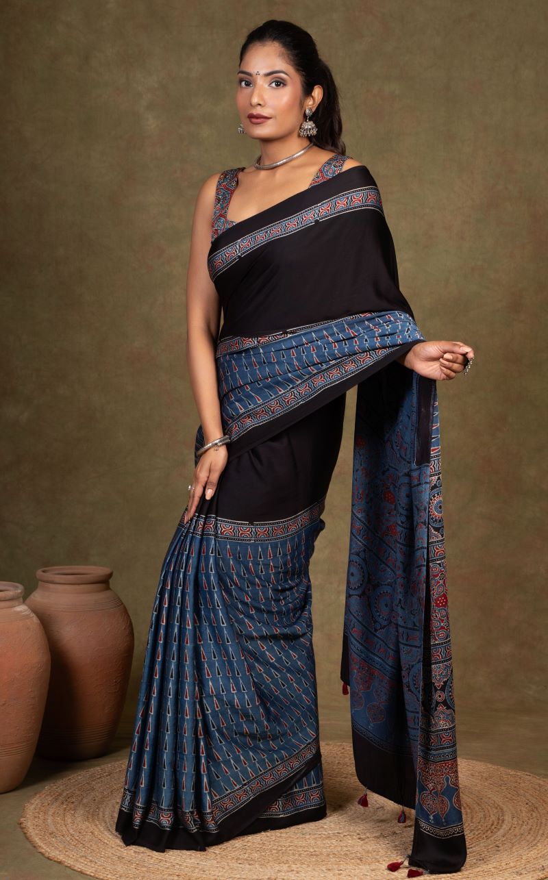 Black Blue Modal Silk Ajrakh Saree