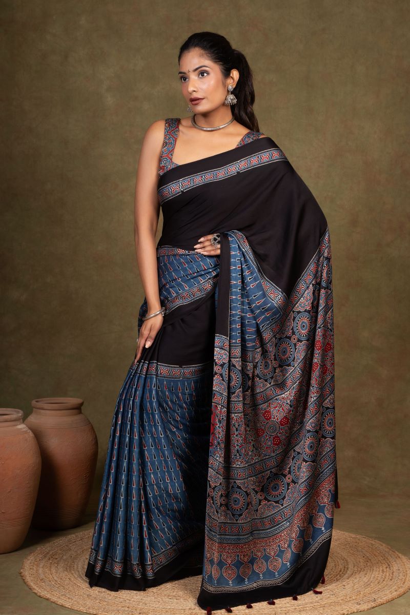 Black Blue Modal Silk Ajrakh Saree