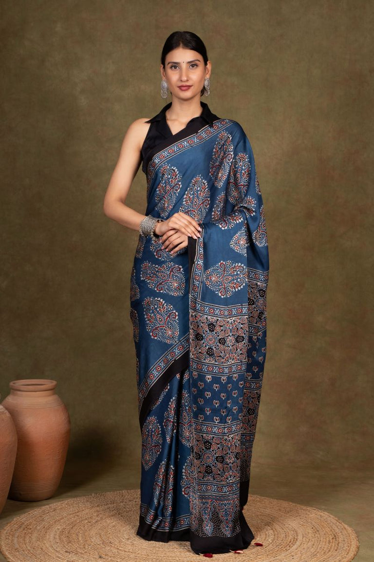 ajrakh modal silk sarees - indigo zigzag & waterscape delight