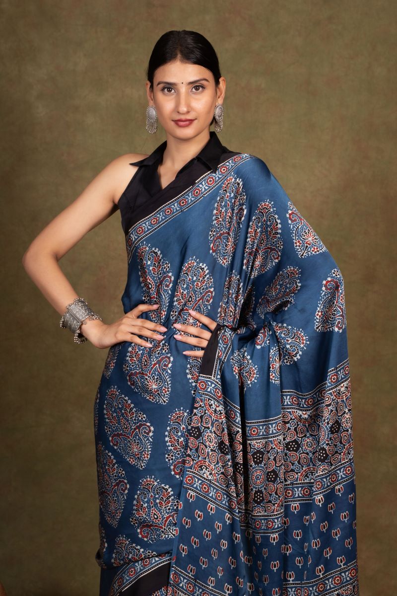 Blue Modal Silk Ajrakh Saree