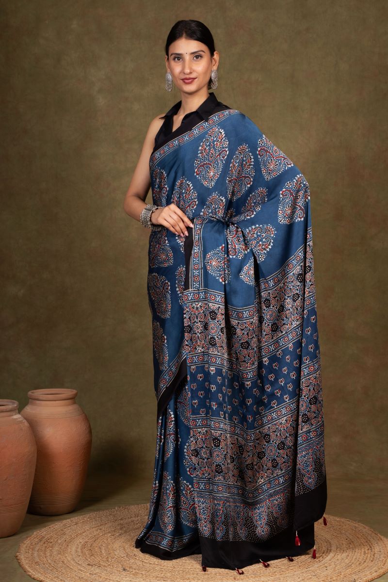 Blue Modal Silk Ajrakh Saree