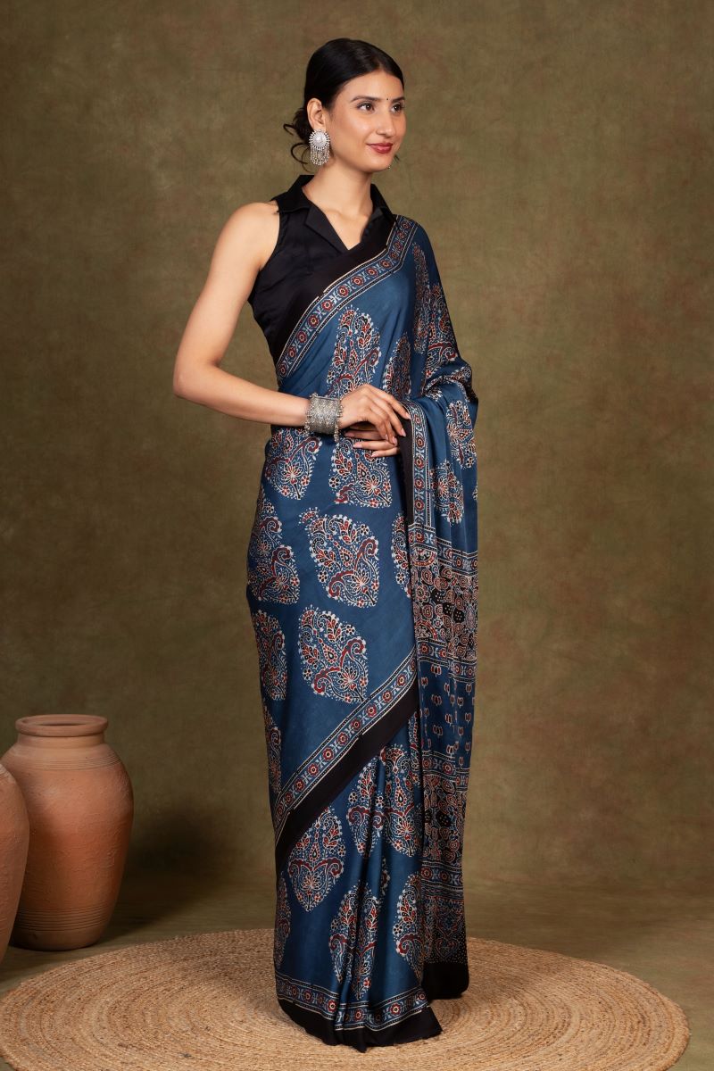 Blue Modal Silk Ajrakh Saree