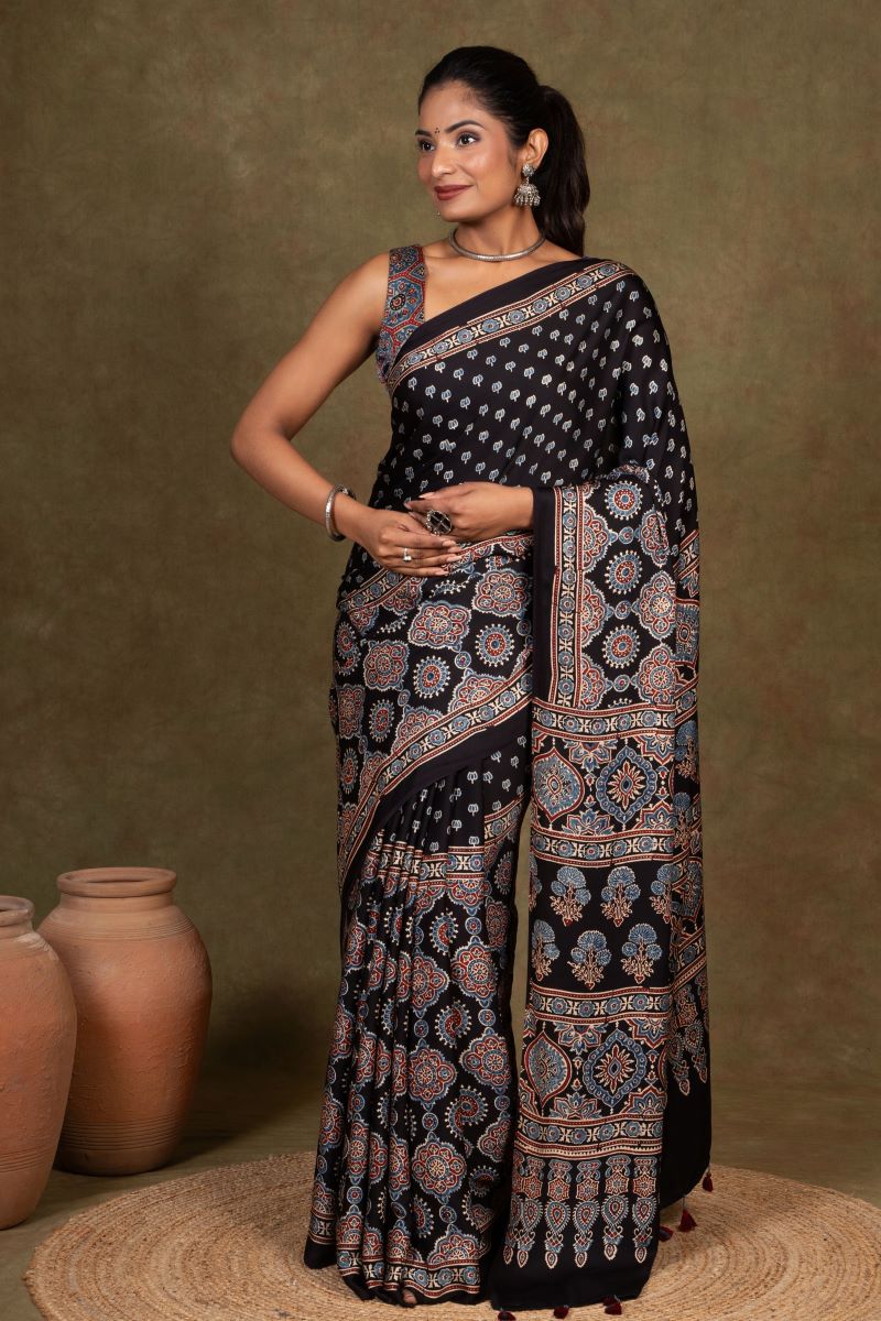 Black Modal Silk Ajrakh Saree