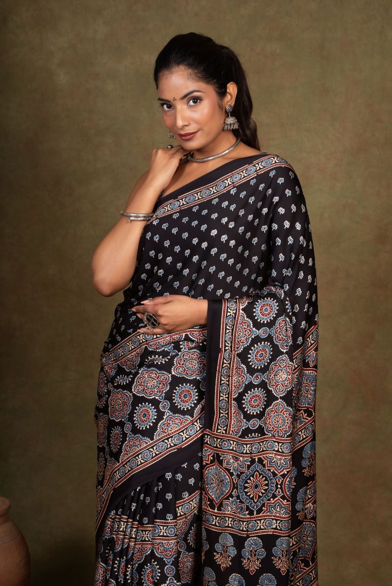 Black Modal Silk Ajrakh Saree