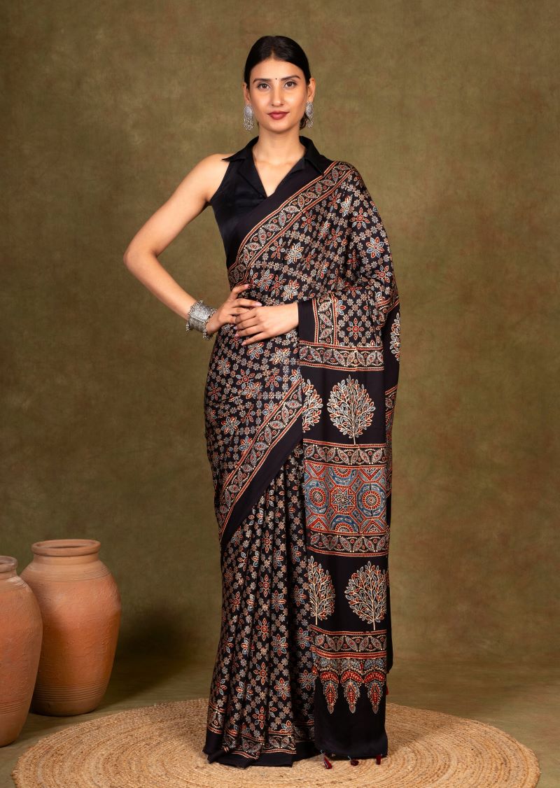 Black Ajrakh Modal Silk Saree